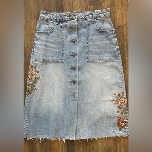 Anthropologie Driftwood Blue Denim Midi Skirt with Floral Embroidery